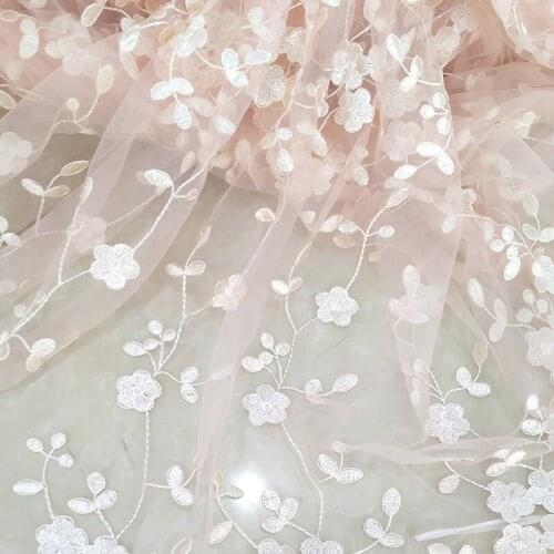 1Y/Lot White Apricot Pink Mesh Embroidery Flower Fabric For Skirt Wedding Dress Home Decoration DIY Material