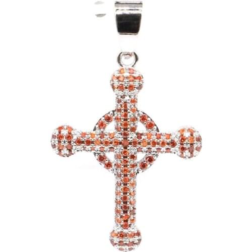 38x23mm 2020 European Style Cross Created Orange Spessartine Garnet Gift For Womans Silver Pendant