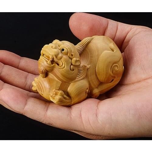 7CM Mythical Boxwood Pixiu Lion Myth Wood Animal Statue Lion Statue Arts Solid Wood Statue Lucky Statue Home Decoration