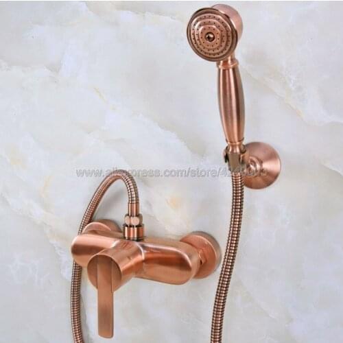 Antique Red Copper Bathroom Shower Faucet Bath Faucet Mixer Tap With Hand Held Shower Head Set Wall Mounted Kna290