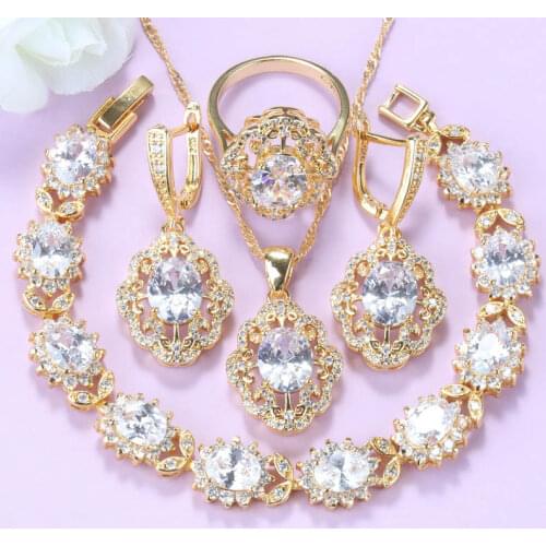 Brazil Gold-Colors Trendy Jewelry Sets For Women Wrist Bracelet Necklace And Earrings White Zirconia Costume Sets