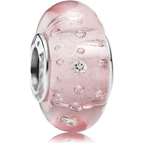 100% Authentic 925 Sterling Silver Pink bubble glass beads Fit Original Bracelet Necklace DIY Jewelry