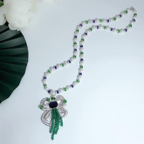 Elegant Fashion Bow Sweater Chain Pearl Green Beads Womens Necklace High Quality Brand Jewelry Wedding Party New Style Shining