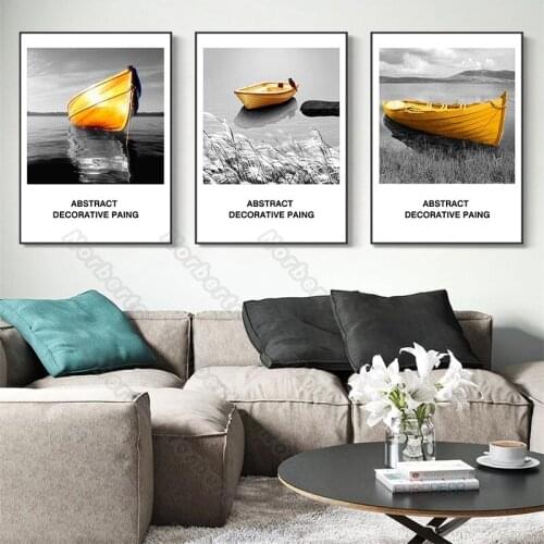 Modern Style Canvas Painting Poster Print Abstract Golden Ships Sailing On The Off-White Sea for Home Rooms Gallery Wall Decorat