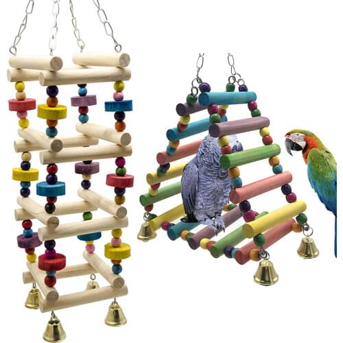 Parrots Toys Bird Swing Exercise Climbing Hanging Ladder Bridge Wooden Rainbow Pet Parrot Macaw Hammock Bird Toy With Bells