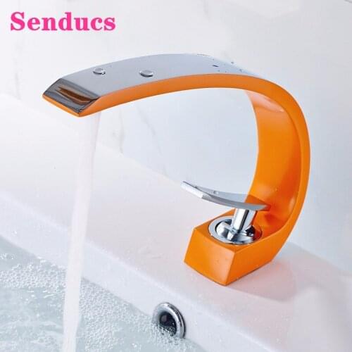 Senducs Bathroom Mixer Tap Quality Brass Basin Sink Faucets Deck Mounted Orange Chrome Basin Faucet Hot Cold Bathroom Taps
