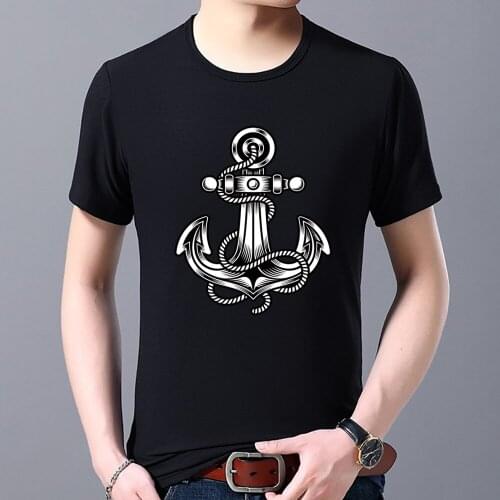 Mens Summer Street Trend T-shirt Pirate Anchor Print T-shirt Casual Black Top All-match Personality Soft Round Neck Mens Shirt