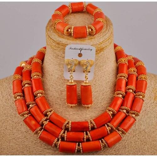 Three Row Choker Coral Beads Jewelry Set Including Bracelelt +Earrings +Necklace Orange / Red / White Color Bridal Set