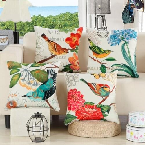 Pastoral Style Cushion Cover Flower Bird Pattern Pillow Case Cotton Linen Pillow Cover 45x45cm Home Decor
