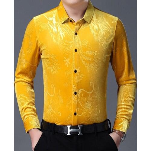 New Leisure Man Gold Velvet Clothing Autumn Male China Dragon Pattern Shirts Long Sleeve Velour Dresses