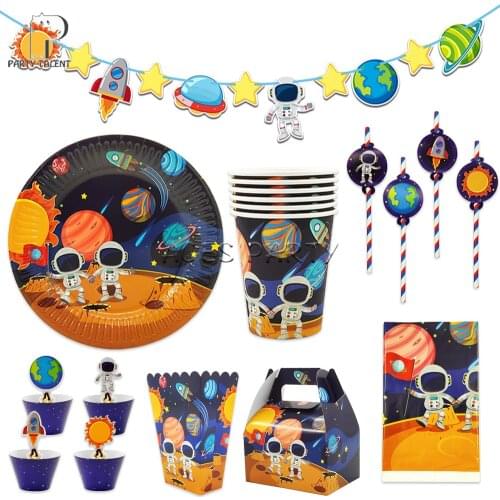 Astronaut Solar Space Theme Birthday Party Supplies Disposable Tablecloth Tableware Deco Candy Cake Box Balloon