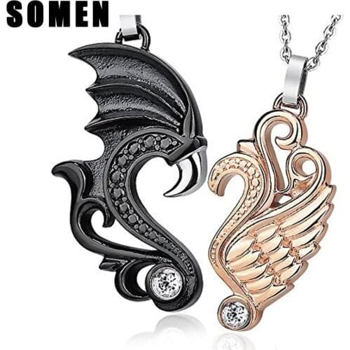 Black Rose Gold Angle Devil Wings Pendant Necklace Stainless Steel Couples Heart Love Pendants Necklaces For Lover His & Hers