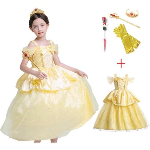 New Girls Belle Princess Dress Beauty-and-the Beast Cosplay Costume Clothes Tulle Ball Gown Dress for Baby Girl