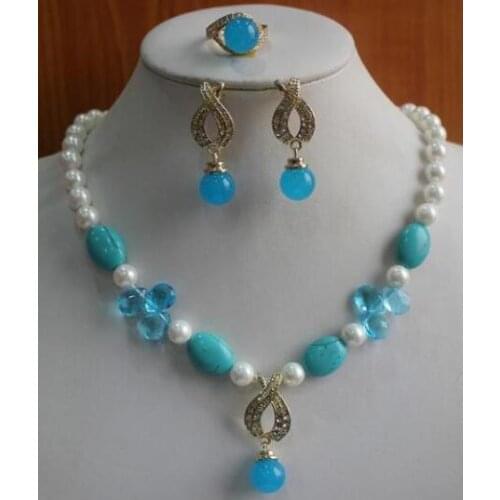 Birthday gift! jewelry set Wholesale Womens 8mm white pearl mixed yellow jade Necklace earring ring(7/8/9) set