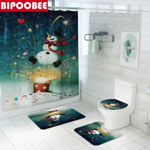 Merry Christmas Shower Curtain Snowman Gift Printed Bathroom Carpet Cover Toilet Lid Washroom Anti-slip Rugs Festival Decor