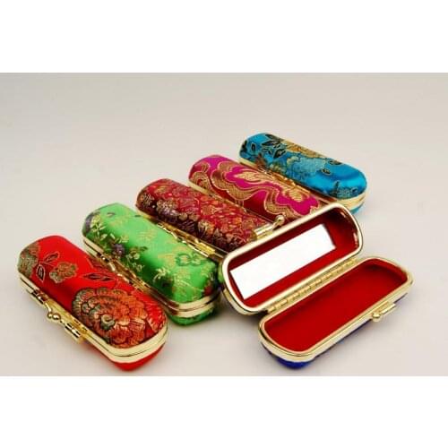 Silk brocade Travel Jewelry Gift Boxes with Mirror Empty Lipstick Tubes Packaging Box Lip Balm Containers Storage Case SN413