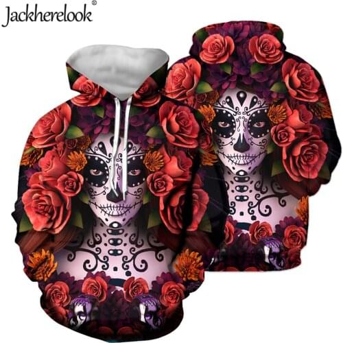 Jackherelook Plus Size Hoodies for Womens Rose Sugar Skull Gothic Design Spring Autumn Pullover Sweatshirt Long Sleeved Tops