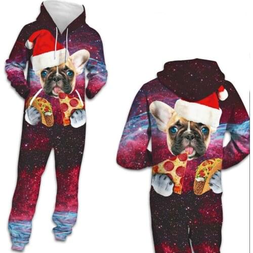 Unisex Christmas Cat Printing Hoodies Stylish Family Sleepwear 3D Printed Jumpsuit Adult Casual Loose Zipper Nightwear Romper