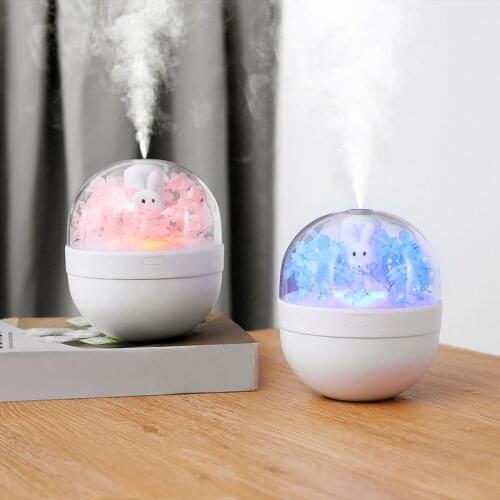 USB Rechargeable Humidifier Cute Rabbit Everlast Flower Aroma Essential Oil Diffuser Air Fogger Colorful LED Water Replenishing