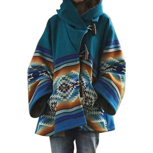 Foreign Trade Women Retro Horn Button Hooded Loose Coats Casual Ethnic Style Printing Long-Sleeved Short Jacket Autumn Clothing