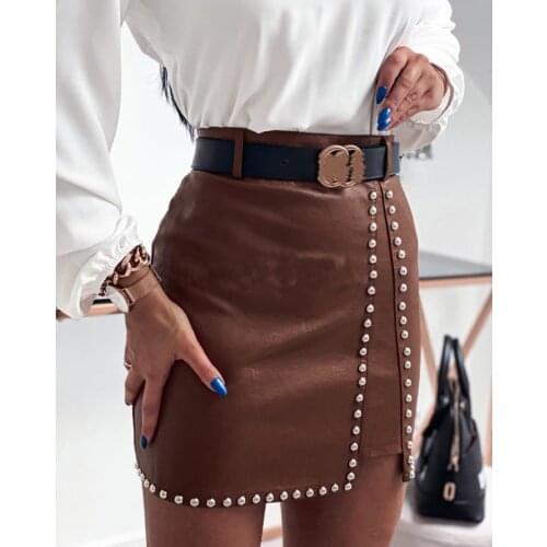 Sexy Women Black Mini PU Leather Skirt Diamond Hem High Waist Solid Color Bodycon Pencil Skirt Women Sexy Nightclub Hip Skirts