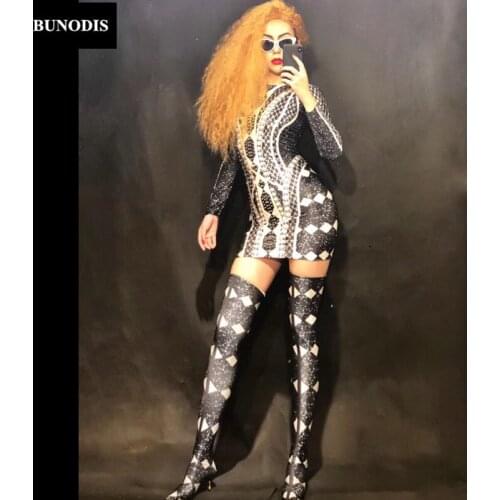 ZD292 Women Sexy Short Skirt 3D Printed White Flower Silver Glass Sparkling Crystals Celebrate Nightclub Party Singer Dancer