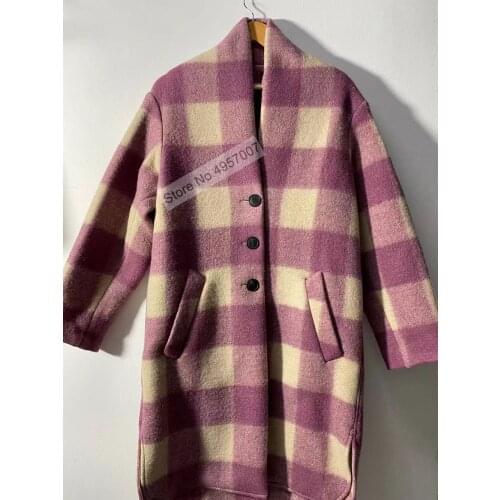 Women Long Sleeve Woolen Contrast Plaid Jacket Coat Outerwear