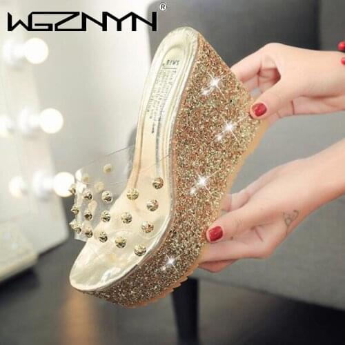 New Rivet Sequins Women Sandals 2021 Fashion Transparent Sandals High Heels Pumps Shoes Wedges Thick Crust Muffin Slippers Shoes