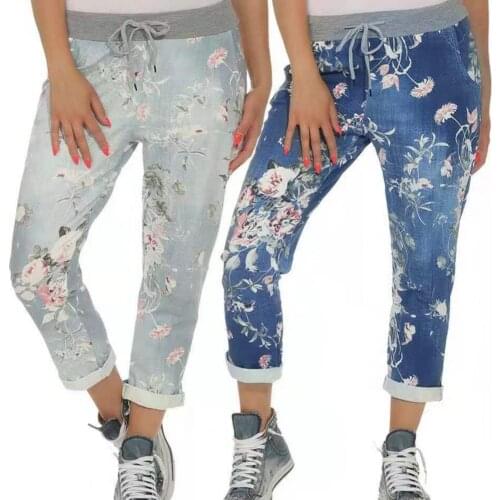 Flower Print Women Jeans Skin-friendly All-matched Side Pockets Tights Elastic Waist Lace-up Casual Pants for Daily Wear