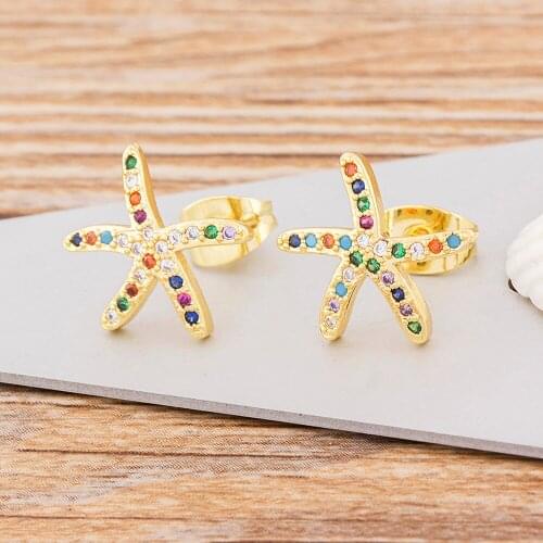 New Arrival Summer Style Starfish Gold Color Stud Earrings Colorful Rhinestone Geometric CZ Jewelry For Women Girls Engagement