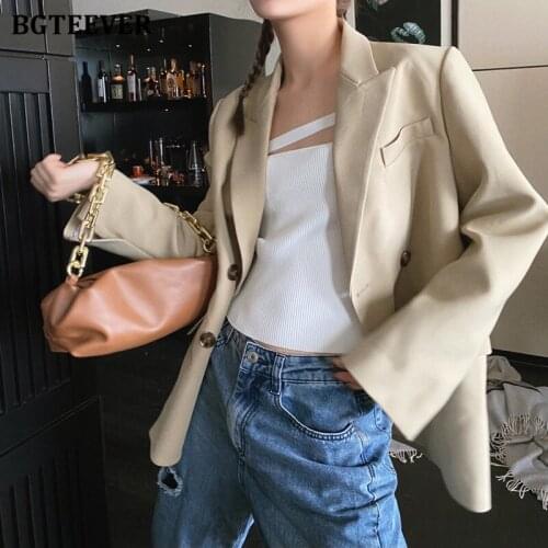 BGTEEVER Elegant Notched Collar Ladies Solid Blazer Jackets Autumn Long Sleeve Double Breasted Loose Female Suit Coats 2021