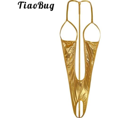 TiaoBug Women Swimsuit One-piece Patent Leather Open Bust Backless Crotchless Sexy Bodysuit Swimwear Sleepwear Nightwear