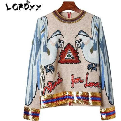 LORDXX Parrot sequin top women Long sleeve Sweater Animal embroidery back zipper wool knitted pullover ladies Casual top