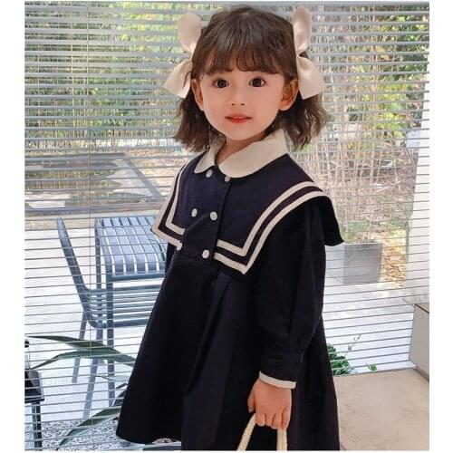 12M-9Years Girls Navy Style Long Sleeve Dress Kids Cute Princess Dresses for Girls Cotton Casual Fall Clothes 2021 New 5 6 7 8 9
