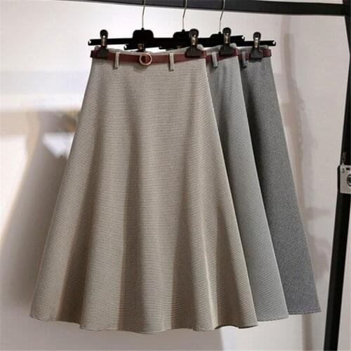 2018 New Spring Autumn Fashion Vintage Houndstooth A-Line Skirt Women High Waist Mid-Calf Skirt Sashes Plaid A Line Skirts Mw203