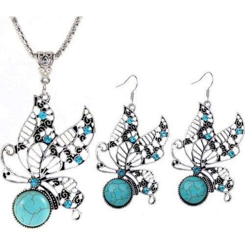 2021 New Bohemian Butterfly Turquoise Earrings Hollow Turquoise Necklace Retro Earrings Women Fashion Jewelry