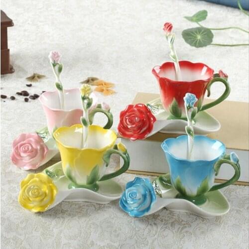 3D Rose Enamel Coffee Mug Tea Milk Mug Set With Spoon Saucer Creative Ceramic European Bone China Drinkware Friend Gift