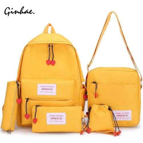 5 Piece Set Women Canvas Backpack Korean Solid Schoolbag For Teenagers Girls Childern Fashion Cute Letter Love Heart Bagpack