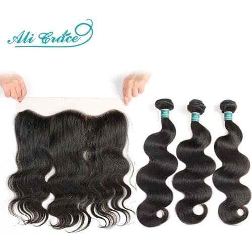 Ali Grace Hair Brazilian Body Wave Bundles With Closure 3 Bundles Human Hair Body Wave With Frontal 13x4 Free Part Remy Hair