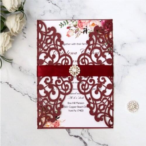 Burgundy invitation cards birthday party with lace diamond elegant wedding card supply customized printing
