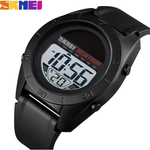 SKMEI Fashion Sports Watch Multi-Function Solar Power Watch Alarm Clock 50M Waterproof PU Strap Digital Watch reloj hombre 1592