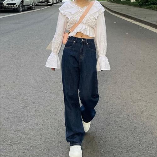 Jeans Women Full Length Cozy Basic Harajuku Leisure Straight Street College Loose Daily Retro Navy Fashion All Match Femme Denim