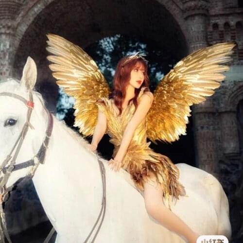 Halloween cosplay costumes Customized golden feather angel wings girl future technology party stage singer show costume