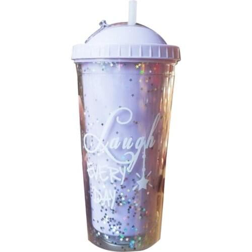 550ml Creative Rainbow Plastic Water Bottle Double Layer Shiny Quicksand Sequins Kawaii Drinking Cup with Straw Lid Coffee