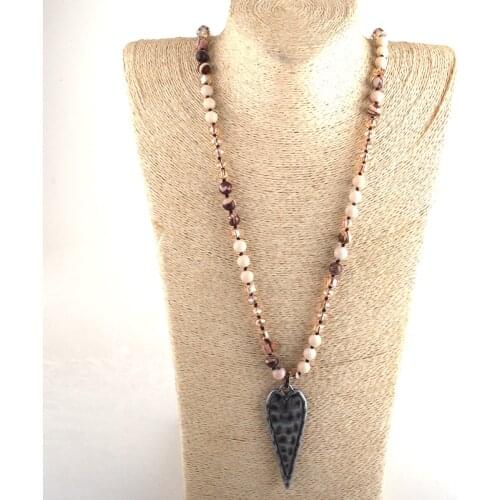 MD Fashion Bohemian Tribal Jewelry Multi Stone Beige Glass Long Knotted Black Metal Heart Pendant Necklaces
