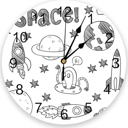 Comic Space Airship Rocket 3d Wall Clock Modern Design Farmhouse Decor Kitchen Vintage PVC Round Clock Living Room Decoration