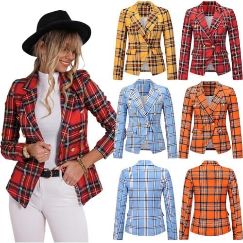 Autumn Womens Jacket Double Breasted Casual Loose Style Full Sleeve Office Lady Plaid Short Jaqueta Winter Female Blazer C2988