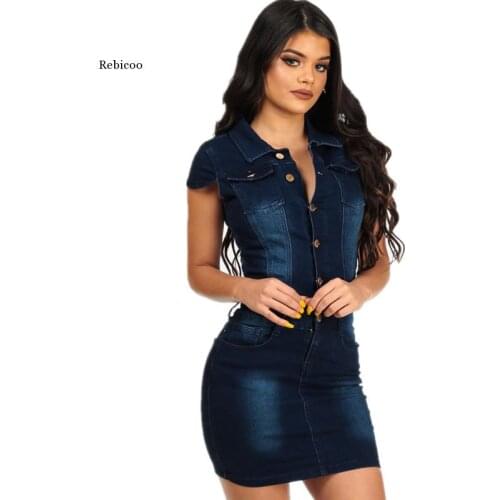 Sexy Turndown Collar Cotton Bodycon Jeans Dress Buttons Summer Plus Size Party Club Denim Dress Women Short Mini Dress