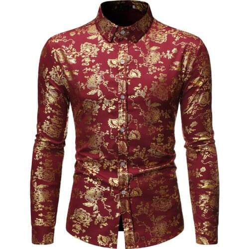 Mens Luxury Gold Floral Print Shirt Men Long Sleeve Dress Shirts Bar Club Party Dinner Wedding Social Shirt Male Chemise Homme