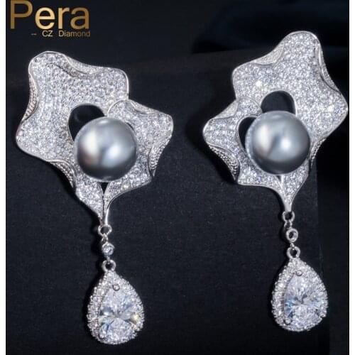 Pera Sparkling Big Imitation Pearl Long Dangle Gray Setting Silver Color Water Drop Earring For Women Wedding Party Jewelry E272